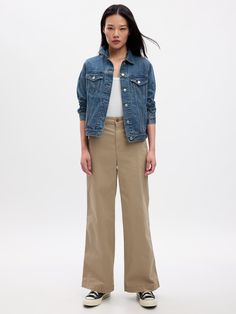 High Rise Wide-Leg Girlfriend Khakis with Washwell | Gap Factory High Rise Cotton Pants With Pockets, Mid-rise Cotton Cargo Pants For Spring, Casual Wide Leg Pants With Buttoned Pockets, Medium Wash Cotton Pants With Straight Hem, Utility Style Cotton Jeans With Straight Hem, Medium Wash Cotton Jeans With Patch Pockets, Cotton Jeans With Patch Pockets In Medium Wash, Utility Bottoms With Buttoned Pockets For Work, Utility Workwear Bottoms With Buttoned Pockets