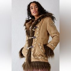 Urban Outfitters | Jackets & Coats | Nwt Urban Outfitters Embroidered Faux Fur Duffle Coat | Poshmark Cheetah Coat, Shaggy Faux Fur Coat, Cherry Sweater, Tie Dye Jackets, Red Pea Coat, Leopard Print Blazer, Urban Outfitters Jacket, Faux Fur Cropped Jacket, Bear Jacket