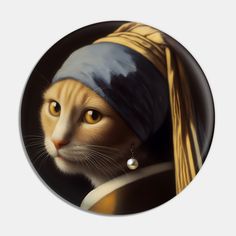 a cat with a pearl earring and a painting on it's back round ornament