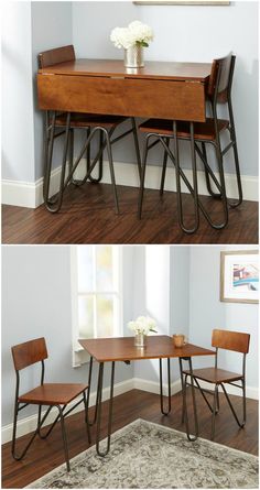 two photos of a dining table with chairs and a vase on it, one is empty