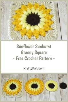 the sunflower granny square is shown with two crocheted squares and one has a flower