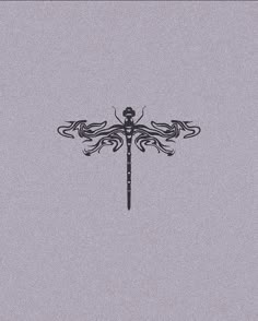 a black and white drawing of a dragonfly on a gray background with an intricate design