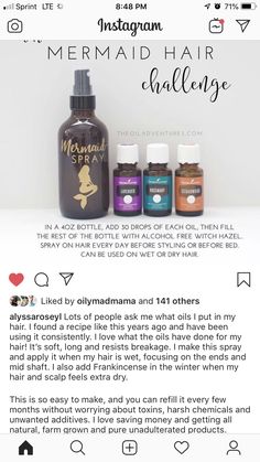 Mermaid Hair Essential Oils, Young Living Hair, Mermaid Hair Spray, Hair Essential Oils, Oils For Hair, Essential Oils Young Living, Essential Oil Diffuser Blends Recipes, Young Living Essential Oils Recipes, Essential Oils Guide