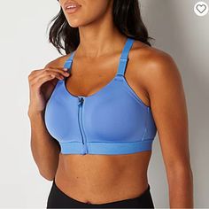 Give Yourself Extra Support During A Workout With This Xersion Train Women's Sports Bra. This High-Support Sports Bra Is Made From A Smooth Stretch-Jersey Fabric With A Zip-Front Closure, Wide, Adjustable Straps, And A Racerback Design Featuring A Keyhole Cut-Out. Pair It With Your Favorite Pair Of Training Leggings. Bra Type: Sports Features: Zip Front, Full Support, Racerback, Adjustable Straps, Moisture Wicking Closure Type: Zipper Support: High Support Fiber Content: 83% Polyester, 17% Spand Light Blue Stretch Athleisure Sports Bra, Blue Racerback Sports Bra For Athleisure, Blue Athleisure Racerback Sports Bra, Blue Racerback Athletic Fit Activewear, Functional Blue Sports Bra For Gym, Blue Compression Activewear For Sports, Blue Sweat-resistant Activewear For Training, Blue Sports Bra With Medium Support For Sports Season, Blue Sports Bra With Medium Support