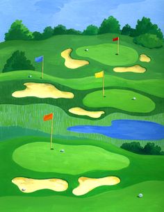 a painting of a green golf course with yellow flags and water on the other side