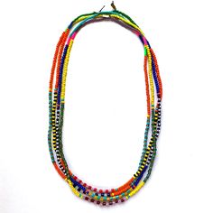 These colorful beaded necklaces are designed to look great as a single strand or mixed together in groups of two, three, four or more! We make these using vintage and new glass beads (with a few lucite pieces added in for a pop of fluorescent color) strung on a waxed poly/cotton cord. About 26" long. Handmade in the USA. Sold individually. Bohemian Yellow Single Strand Beaded Necklace, Yellow Bohemian Single Strand Beaded Necklace, Adjustable Multicolor Long Necklace With Colorful Beads, Double Strand Colorful Beads Necklace For Jewelry Making, Multicolor Heishi Beads Necklace With Beaded Chain, Multicolor Heishi Beads Round Necklaces, Vibrant Adjustable Beaded Necklace, Vibrant Beaded Adjustable Necklace, Vibrant Necklace With Colorful Beads