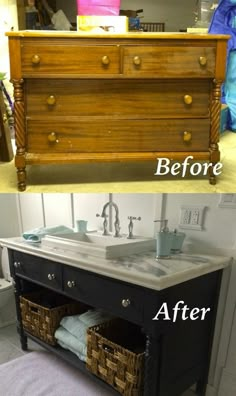 before and after photos of a bathroom vanity