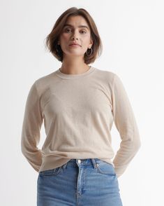 A classic crewneck sweater – just even softer. Lightweight and breathable, our cotton-viscose everyday sweater is blended with a touch of cashmere for that extra bit of cozy anytime you need a light layer. Wear, wash, repeat.  | Quince | Women's Lightweight Cotton Cashmere Crew Sweater in Heather Oatmeal, Size XS, Organic Cotton Everyday Sweater, Basic Sweaters, Summer Sweaters, Fall Capsule Wardrobe, Womens Cashmere, Knit Blazer, Silk Slip Dress, Favorite Sweater, Cotton Viscose