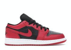 a red and black shoe with white soles on a white background - nike air jordan 1 low