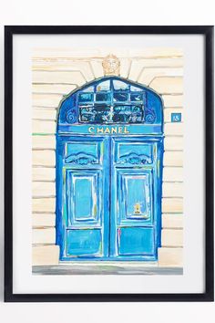 a painting of a blue phone booth with the word chanel written in gold on it