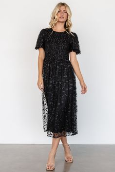 Cara Embroidered Midi Dress | Black Spring Evening Tulle Lace Dress, Summer Lace Midi Dress With Sequins, Black Mesh Dress With Short Sleeves, Black Mesh Short Sleeve Dress, Spring Gala Lace Dress With Floral Embroidery, Sheer Mesh Short Sleeve Dress, Fitted Floral Embroidered Midi Dress For Prom, Short Sleeve Lace Dress With Sheer Bodice, Fitted Midi Dress With Floral Embroidery For Prom