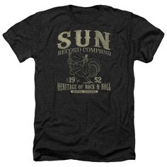 This Sun Records Rockabilly Bird men's t-shirt, has a slightly distressed logo and a singing rooster on the front. Front print only. 100% Cotton or 100% Premium Soft Ringspun Cotton - Preshrunk Printed in the USA Officially Licensed Merchandise Also Long Sleeve, Tank Top, & V Neck Available Sun Records, Mode Inspiration, Heather Black, Cotton Shorts, Black Tee, Black Tshirt, Dream Closet, Womens Tees, Mens T