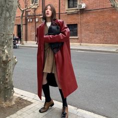 Isabel Red Terracotta Leather Coat Red Leather Trench Coat, Leather Duster, Red Leather Coat, Trench Coat Outfit, Red Trench Coat, Leather Trench, Coat For Women, Leather Trench Coat, Casual Stylish