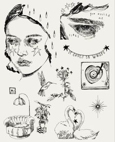 an ink drawing of a woman's face and other things