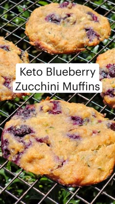 keto blueberry zucchini muffins cooling on the grill with text overlay