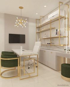 a white and gold dining room with green chairs, a tv on the wall and shelves