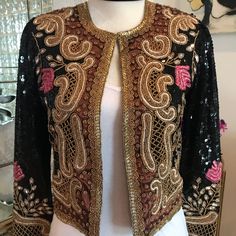 Beyond Vintage , Size Xs . So Hot With Jeans Or Leather . Luxury Outerwear For Night Out, Black Embellished Fall Blazer, Embellished Black Blazer For Fall, Chic Fitted Outerwear For Festive Occasions, Fitted Chic Outerwear For Festive Occasions, Chic Festive Blazer For Fall, Chic Festive Fall Blazer, Black Festive Outerwear For Work, Chic Embellished Festive Outerwear