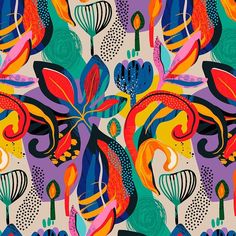 an abstract pattern with colorful flowers and leaves