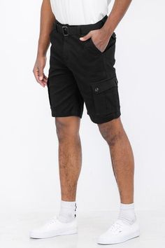 Cargo shorts w/ pockets and buckle closure belt 98% cotton, 2% elastane Sporty Cargo Shorts With Built-in Shorts, Utility Bermuda Bottoms With Built-in Shorts, Utility Bermuda Shorts With Built-in Shorts, Sporty Bermuda Cargo Shorts With Side Pockets, Fitted Cotton Bottoms With Multiple Pockets, Black Cargo Pants With Belt Loops, Black Cargo Shorts With Belt Loops, Fitted Cotton Cargo Shorts With Pockets, Black Short Length Cargo Pants With Belt Loops