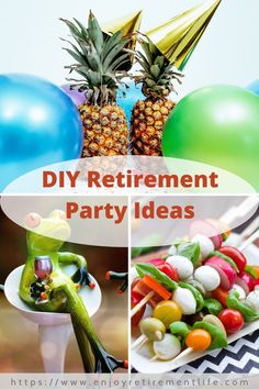 pineapples, bananas, and other fruit on plates with the words diy retirement party ideas