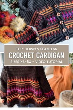 the crochet cardigan pattern is shown with yarn and needles on it, along with