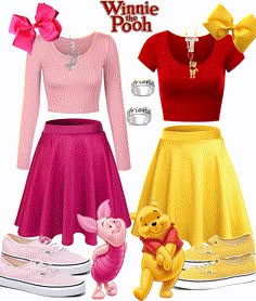 winnie the pooh and piglet outfits are shown in this cartoon character fashion set