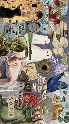 an altered collage with many different things in the background, including flowers and birds