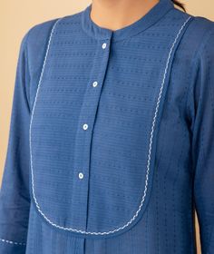 ~BASICS~ Everyday Essentials - New Arrivals! A striking royal blue kurta with an elongated yoke, this silhouette is tailored to flatter. The textured weave enhances the blue and the subtle thread work adds a touch of elegance to a classic silhouette. [ Cottons Jaipur, Cotton, Basics, Everyday, Essentials, New Arrivlas] #cottons #cottonsjaipur #newarrivals #basics #everday #essentials #dailyfits #confort #cottonkurtas #breathablefabric #handcrated #solidkurtas #solid #monochrome #cottonsu... Yoke Designs, Yoke Design, Blue Kurta, Kurta Neck Design, Fabric Ideas, Fashion Vocabulary