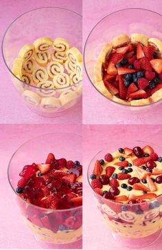 four pictures of different types of desserts in glass bowls on a pink tablecloth