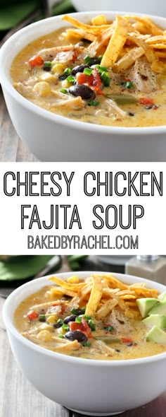 two bowls of cheesy chicken fajita soup with tortilla chips