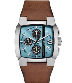 From Diesel&#x2C; this men's watch features:Brown leather strapStainless steel caseBlue sunray dial Single prong strap buckleChronograph movement Case size approx. 40mmCase thickness approx. 10mmWater resistance: 5 ATMImported. Modern Brown Watch With Rectangular Dial, Modern Brown Watches With Rectangular Dial, Brown Quartz Business Watches, Formal Brown Watch With Analog Display, Timeless Brown Watch With Subdials, Timeless Brown Chronograph Watch With Tachymeter, Luxury Brown Watch With Rectangular Dial, Brown Business Watch With Analog Display, Modern Brown Leather Watch