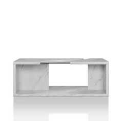 a white marble shelf with an open door on the top and one drawer in the middle