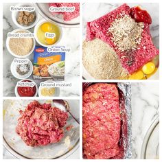 the steps to make meatloaf are shown in four different pictures, including flour, ground beef, eggs, breadcrumbs and other ingredients