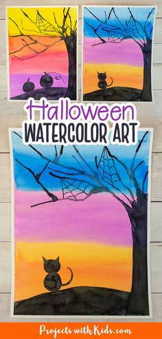 Watercolor painting idea for kids. Colorful blended sky with silhouette of a tree, hill, and a cat or pumpkins. Third Grade Halloween, Halloween Games Activities, Halloween Silhouette, Halloween Art Projects, Halloween Decorations For Kids, Art Project For Kids, October Art, Fall Art Projects