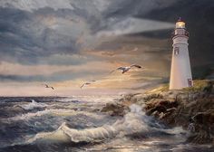 a painting of a lighthouse with seagulls flying over it