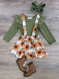 Sunflower Fields Girls Long... Fitted Green Sets For School, Fitted Green School Sets, Green Sets For School In Spring, Green School Sets For Spring, Green Spring School Sets, Ohio Girls, Outfits Shorts, Green Long Sleeve Top, Whimsical Style