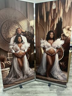 two images of a woman and man in white outfits, one is sitting on a chair