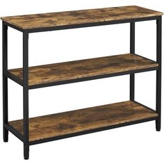 three tiered shelving unit with wood top and metal frame, black legs on each shelf