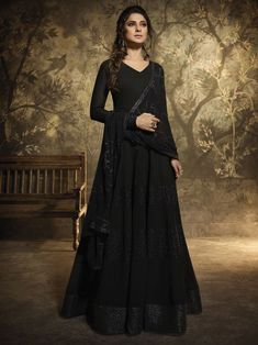 Jennifer Winget Black Georgette Embroidered Gown Suit.– Inddus.com Black Anarkali Dress, Jennifer Black, Anarkali Tops, Georgette Anarkali Suits, Black Anarkali, Gown With Dupatta, Long Anarkali, Anarkali Salwar, Gown Suit