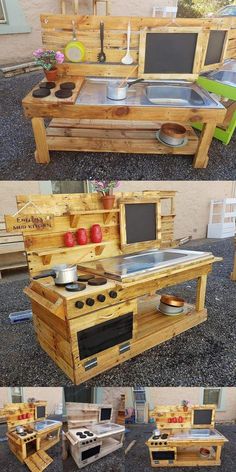 an outdoor kitchen made out of wooden pallets