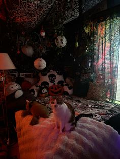 a cat sitting on top of a bed in a room filled with stuffed animals and decorations