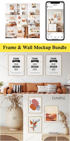 a mock up for an interior wall mockup with multiple photos and text on it