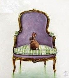 a painting of a rabbit sitting on top of a purple chair