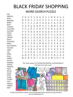 the black friday shopping word search puzzle is shown in this printable activity sheet for kids