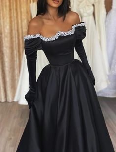 A-Line Evening Gown Gothic Dress Formal Wedding Party Floor Length Long Sleeve Off Shoulder Satin with Pearls 2024 Festive Elegant Ball Gown With Fitted Bodice, Elegant Long Train Festive Dresses, Festive Evening Dress With Sweep Train And Fitted Bodice, Elegant Festive Dress With Long Train, Elegant Festive Gown With Long Train, Elegant Festive Ball Gown For Formal Occasions, Festive Elegant Gown With Long Train, Elegant Festive Formal Ball Gown, Long Sleeve Dresses For Wedding And Prom Season