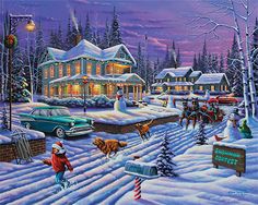 a painting of people walking in the snow with cars and houses behind them at night