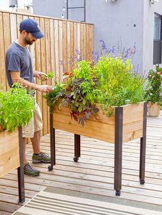 a man standing next to two wooden planters filled with plants