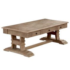 a wooden table with two drawers on one end and an extended leg at the other end