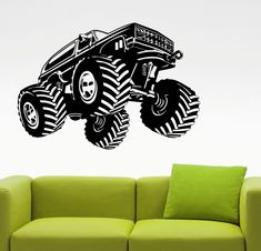 a monster truck wall decal in black and white