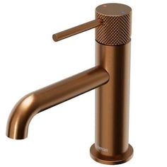 a copper colored faucet with an angled spout